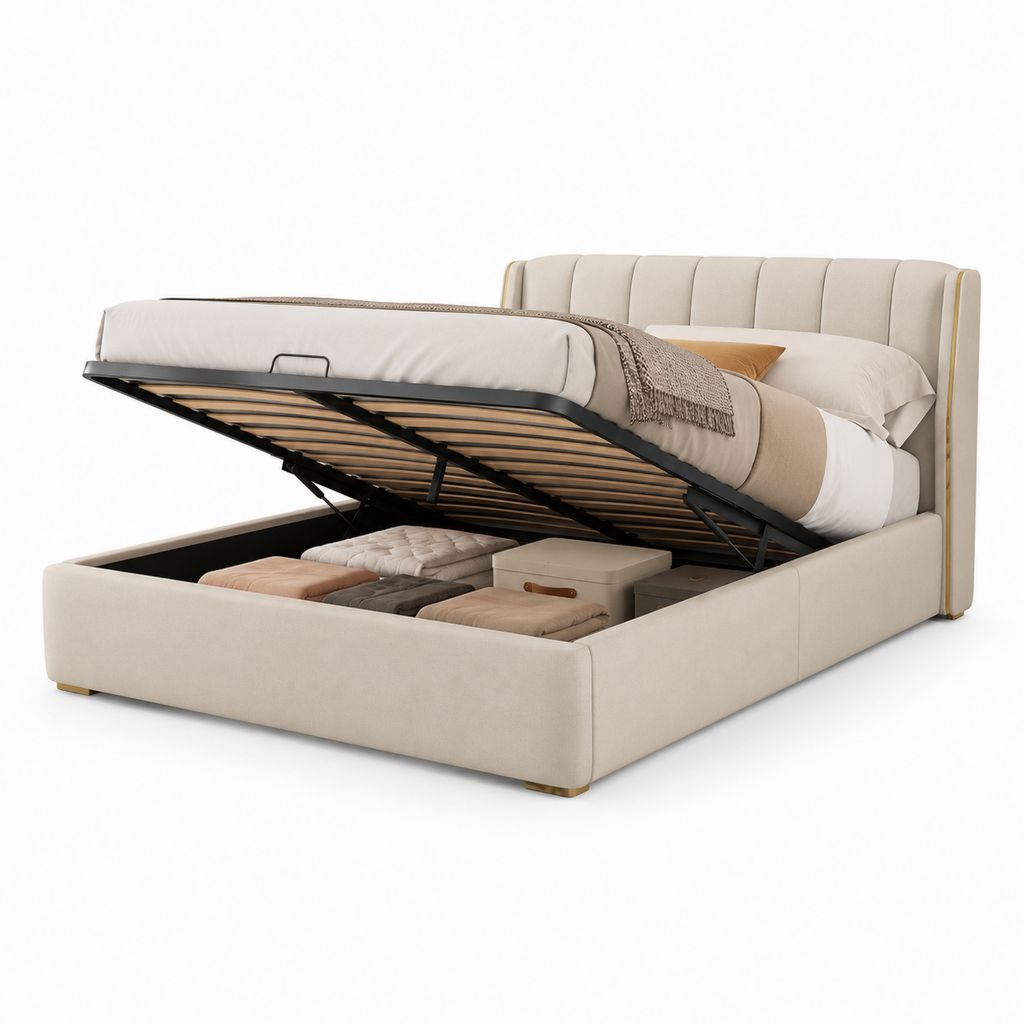 Lit coffre 160 x 200 cm beige en polyester avec sommier relevable à lattes