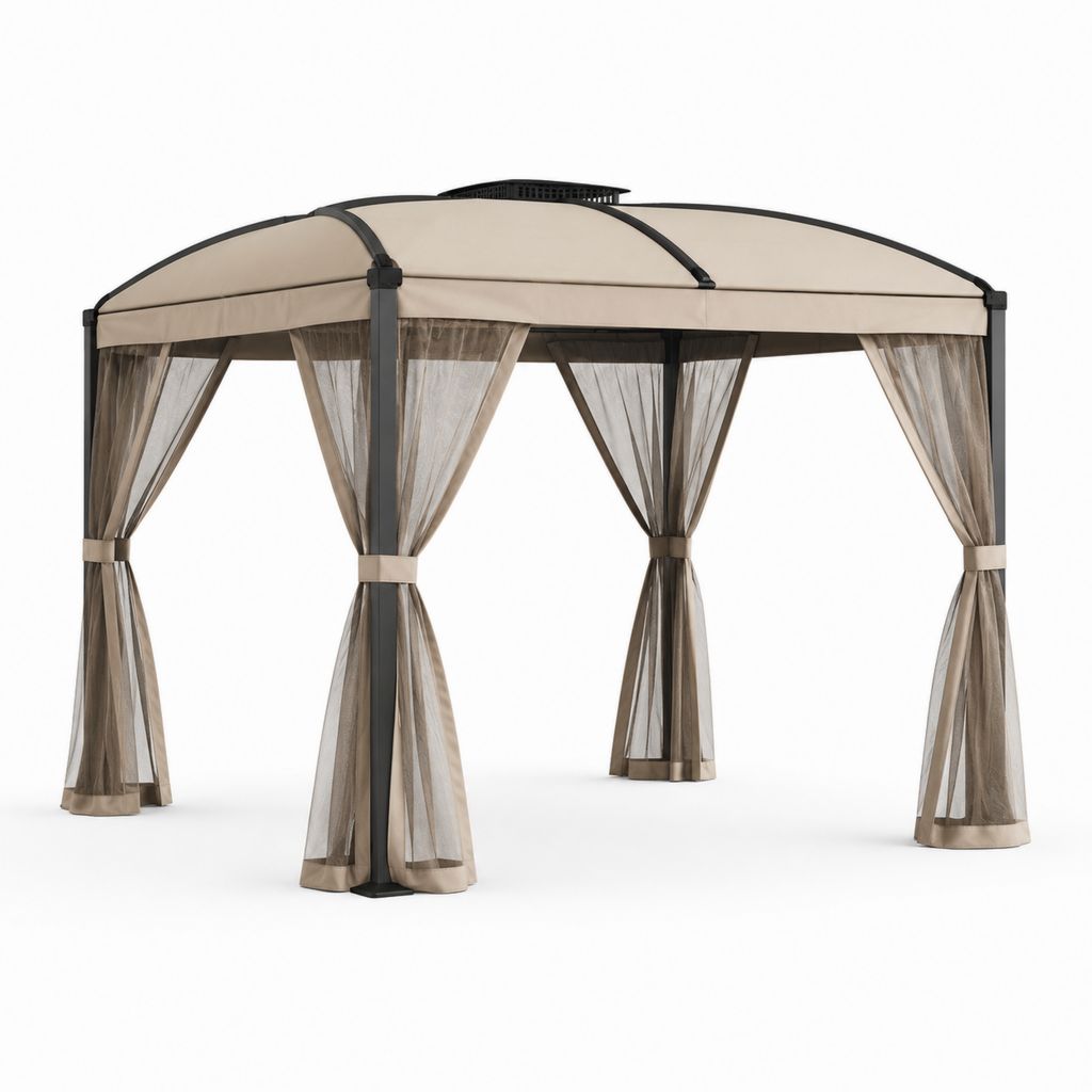 Tonnelle de jardin 3 x 3 m beige en acier avec toit arqué et moustiquaires