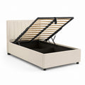 Lit coffre 160 x 200 cm beige en polyester avec sommier à lattes et ouverture à vérins