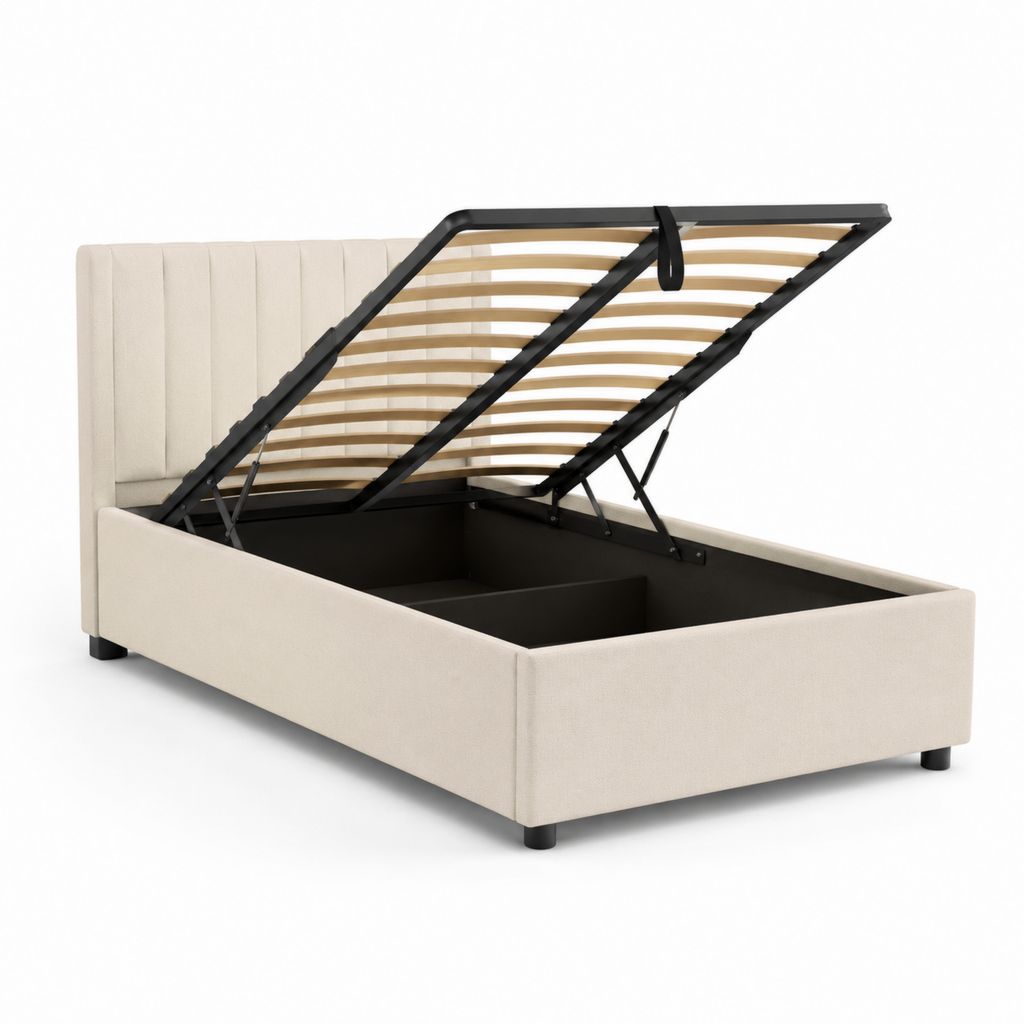 Lit coffre 160 x 200 cm beige en polyester avec sommier à lattes et ouverture à vérins