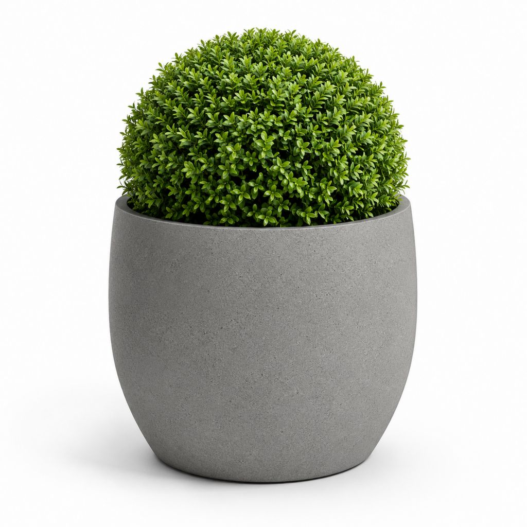 Pot de fleurs rond gris en ciment renforcé de fibre de verre avec boule de buis artificiel en PE 40 x 40 x 55 cm