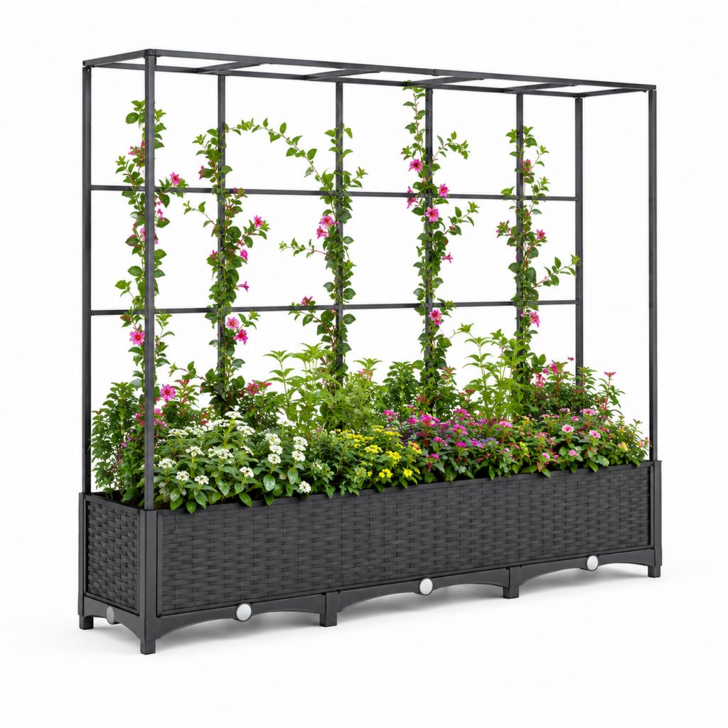 Jardinière surélevée avec treillis noir en acier et polyrotin 180 x 40 x 180 cm