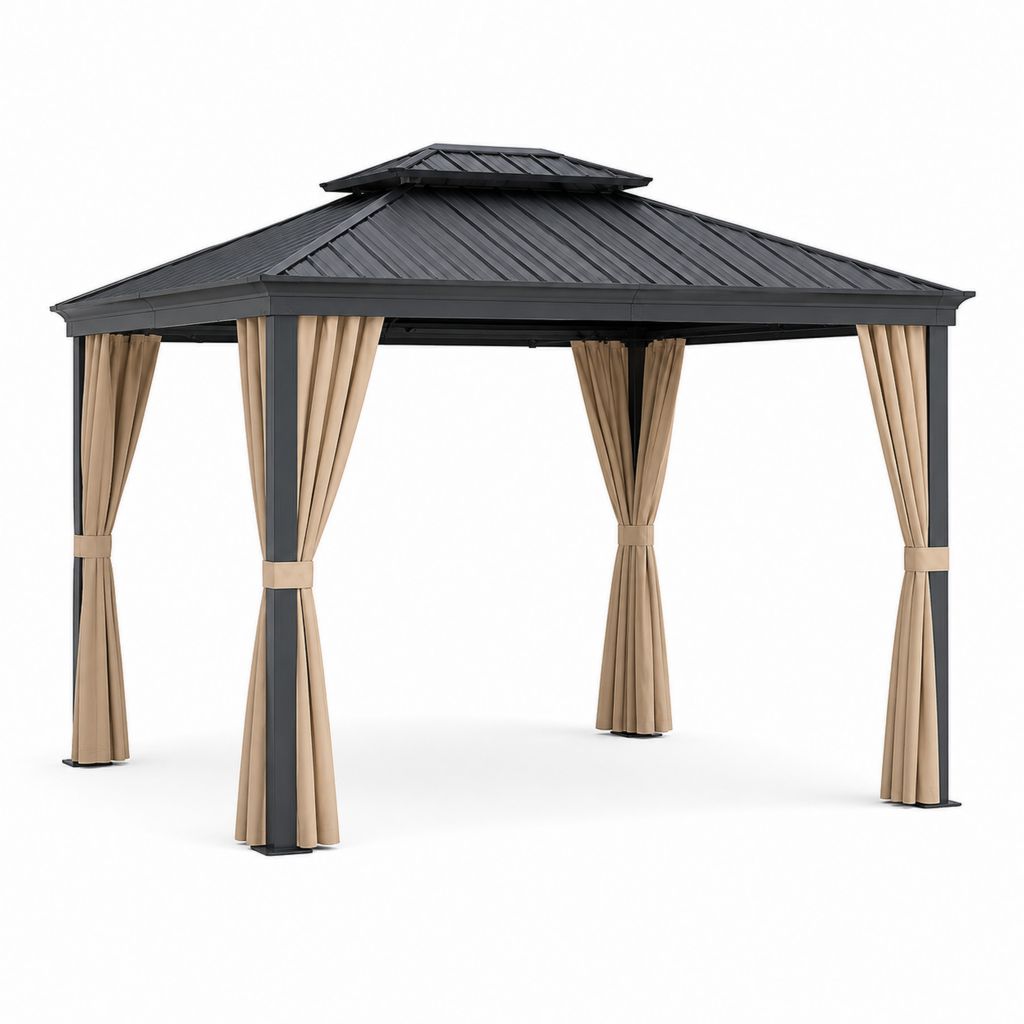 Tonnelle de jardin rectangulaire 3 x 4 m anthracite en acier avec toit rigide et rideaux beiges