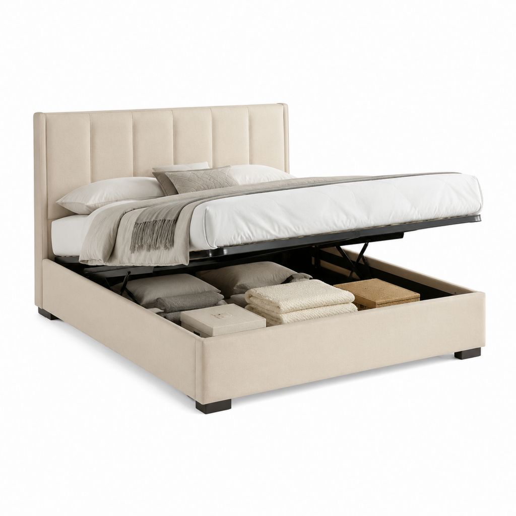 Lit coffre 160 x 200 cm beige en polyester avec tête de lit capitonnée