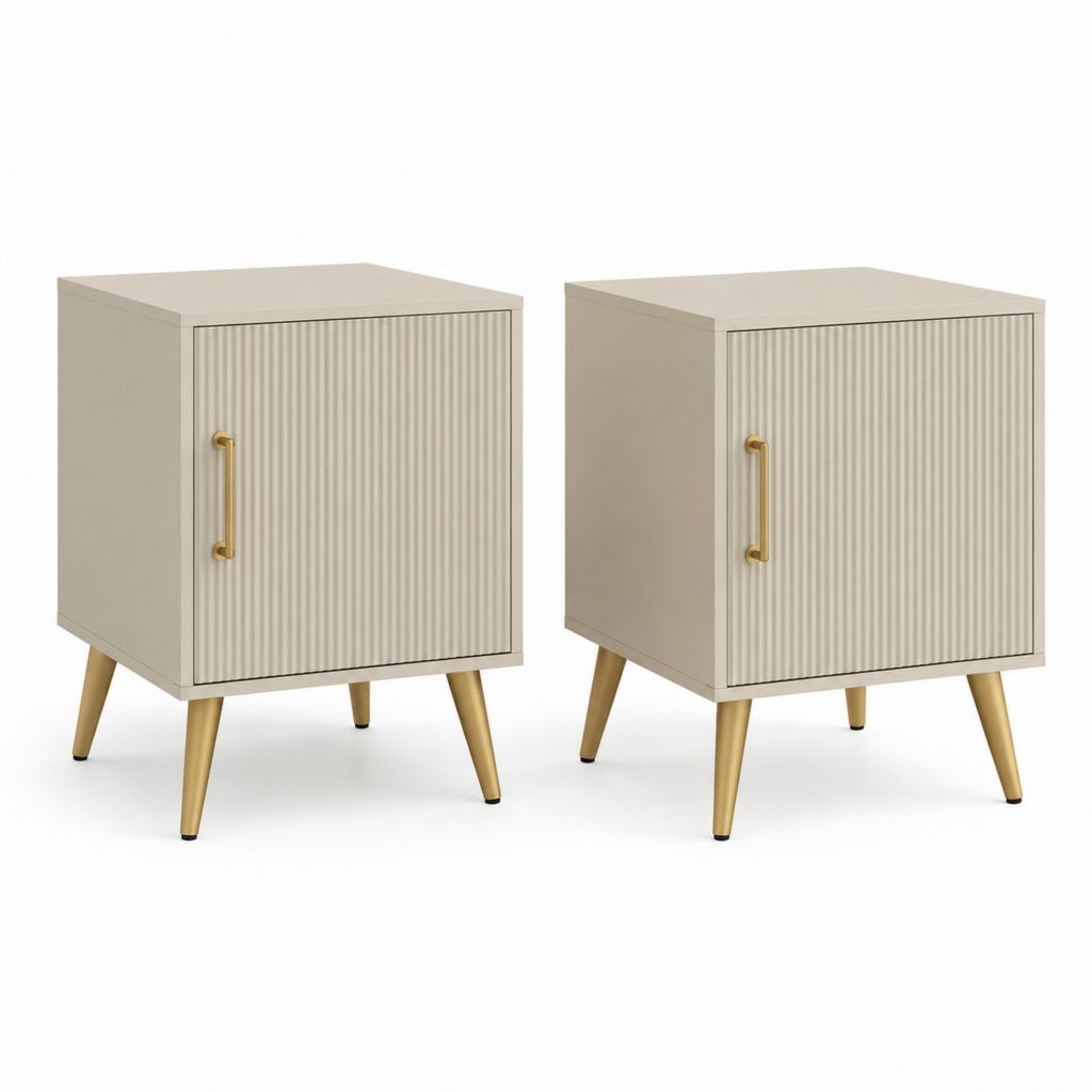 Lot de 2 tables de chevet rectangulaires beiges en MDF 40 x 35 x 60 cm avec portes rainurées