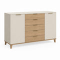 Commode basse rectangulaire blanc cassé et chêne avec 5 tiroirs et 2 portes en panneaux de particules 160 x 45 x 90 cm
