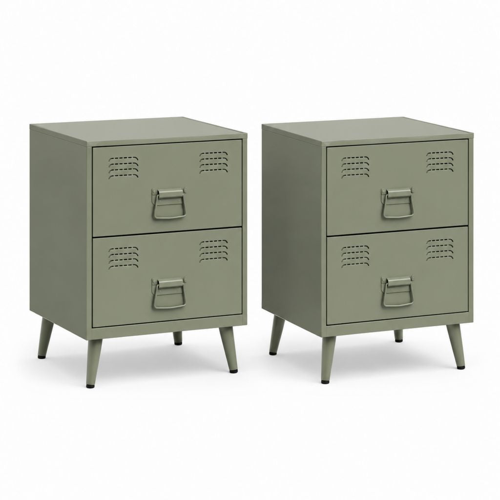 Lot de 2 tables de chevet rectangulaires à 2 tiroirs vert kaki en acier 40 x 35 x 50 cm