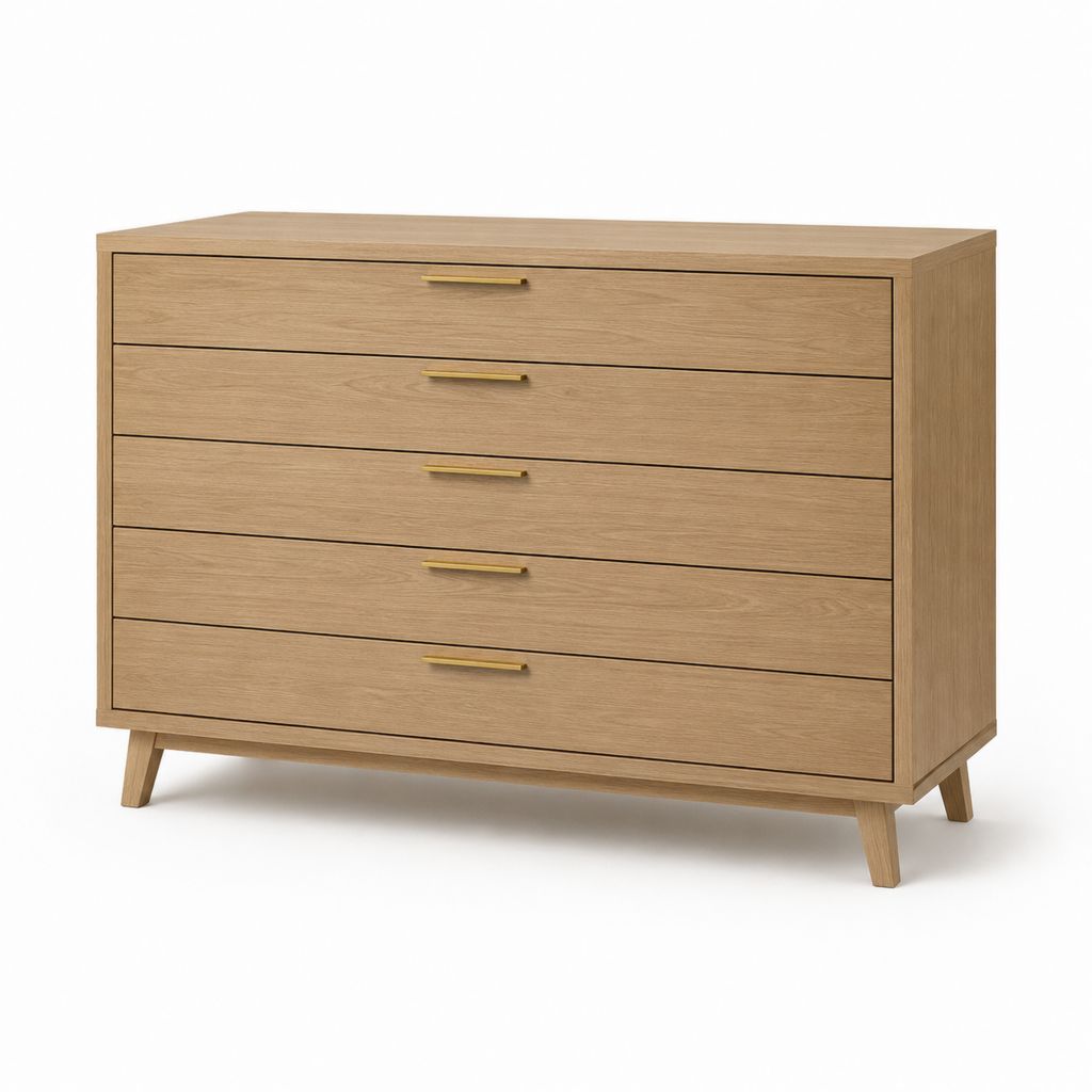 Commode basse 5 tiroirs chêne clair en panneaux MDF rectangulaire 120 x 45 x 90 cm