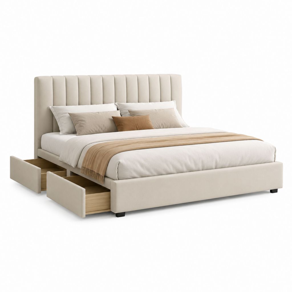 Lit avec rangement 160 x 200 cm beige en polyester rectangulaire avec 2 tiroirs
