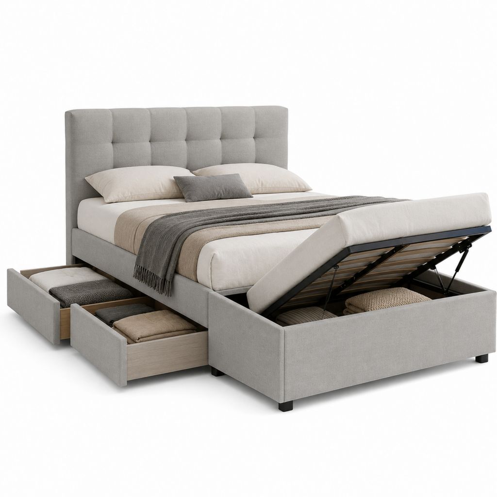 Lit coffre 160 x 200 cm gris en polyester avec 2 tiroirs et tête de lit capitonnée