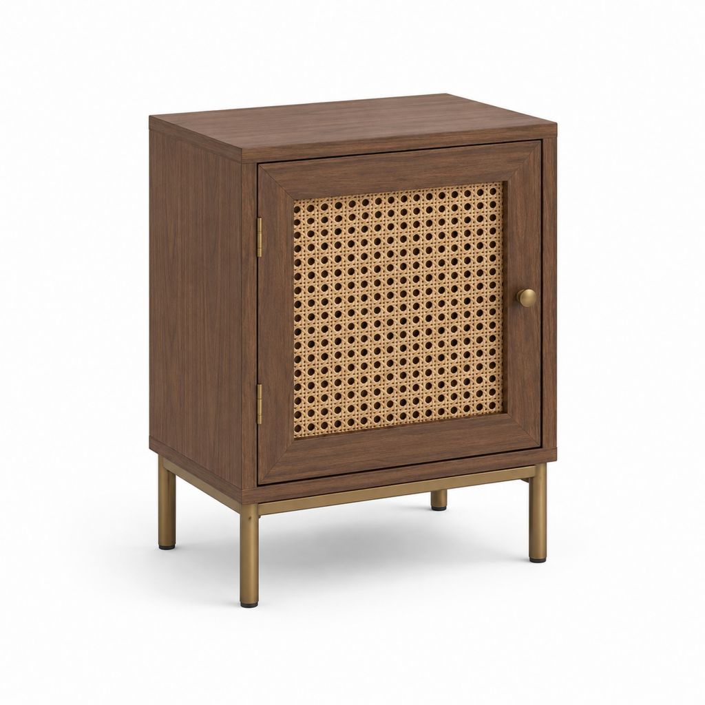 Table de chevet 1 porte noyer MDF cannage en rotin rectangulaire 45 x 35 x 60 cm