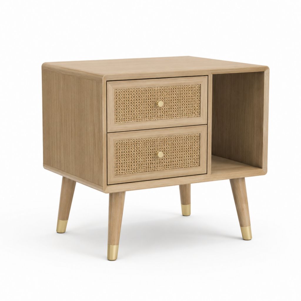 Table de chevet rectangulaire chêne clair en MDF et rotin avec 2 tiroirs 50 x 40 x 60 cm