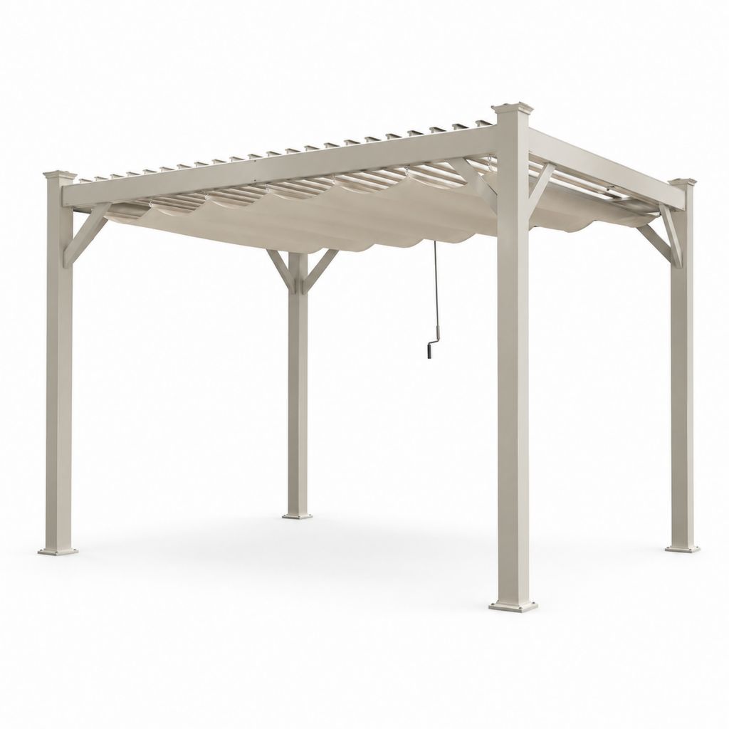 Pergola adossée autoportante beige en aluminium avec toile rétractable 300 x 400 x 230 cm