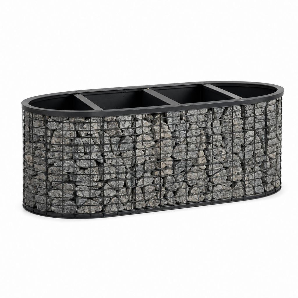 Jardinière gabion ovale noire en acier galvanisé 120 x 40 x 40 cm avec 3 compartiments